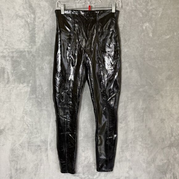 Spanx Pants Women Medium Faux Patent Leather Leggings Black Classic Pull On - Picture 1 of 10
